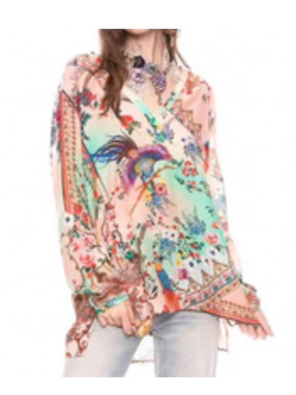 Aratta Silent Journey Anthro Pink Blue Floral Peacock , winged tassel sleeves